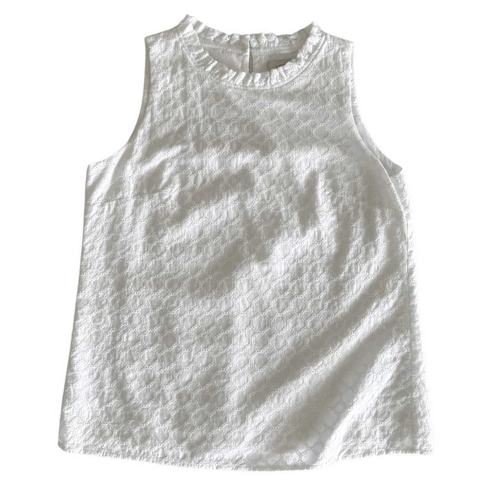 LOFT White Eyelet Sleeveless Ruffle Neck Women's Top